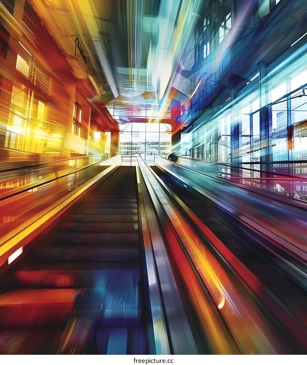 Escalator in Modern Building with Colorful Abstract Lights