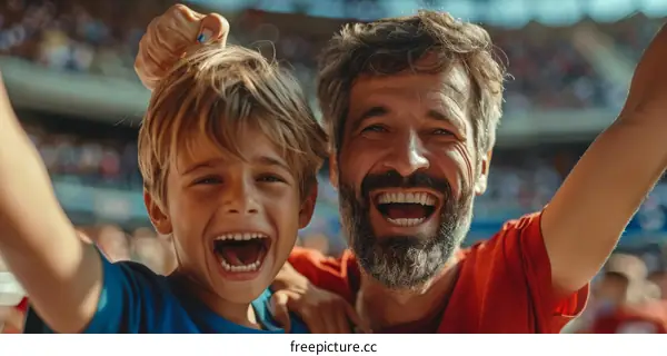 Father and son are happy about their favorite sports team winning