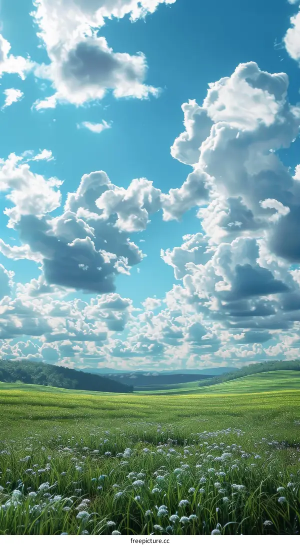 Serene Meadow under Blue Sky and White Clouds