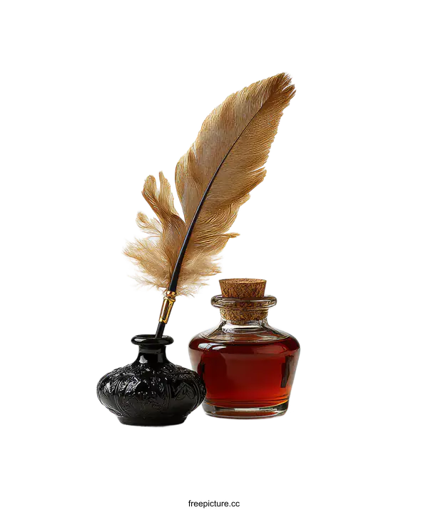 [Transparent Background PNG]Vintage Inkwell and Quill Set on White Background