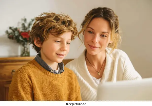 Mother and Son Using Laptop