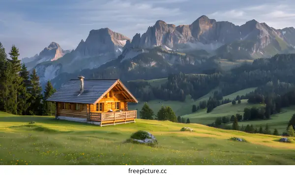 mountain hut in a lush green valley with a mountain range in the background