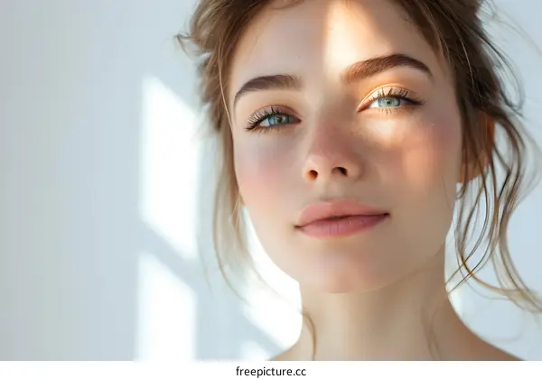 portrait of a beautiful young woman with freckles and blue eyes