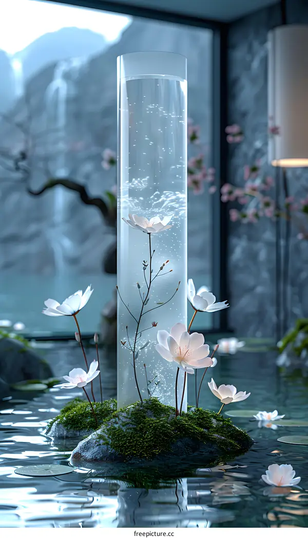 A tall glass vase with white flowers in a pool of water