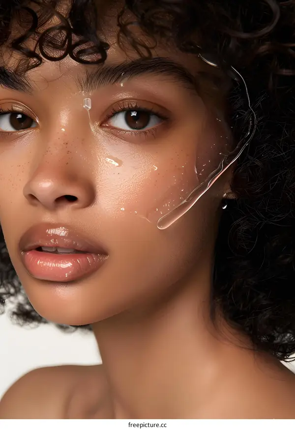 Close up portrait of a beautiful black woman with curly hair and clear skin
