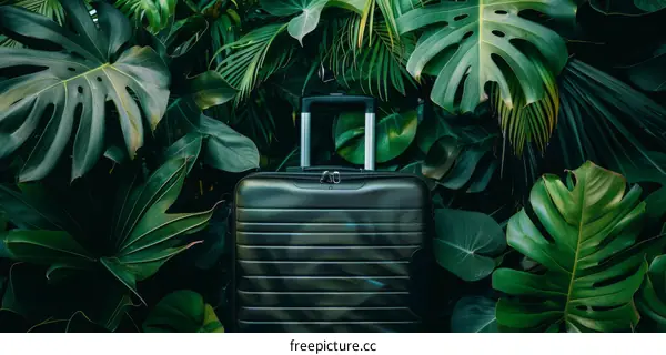 Vibrant Green Suitcase in Lush Tropical Foliage