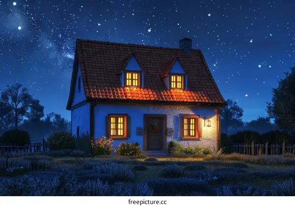 cottage house in the middle of lavender field at night