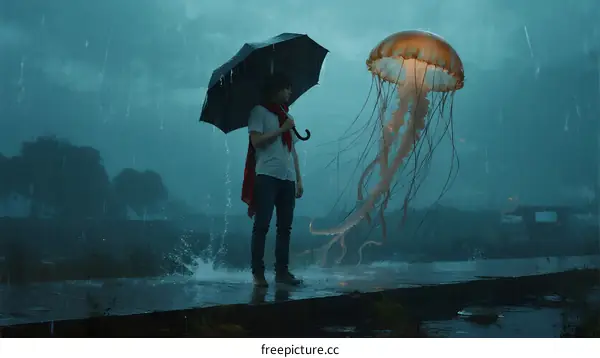 Man holding umbrella facing giant jellyfish in rainy evening