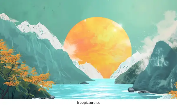 Abstract Mountain Landscape with Large Sun
