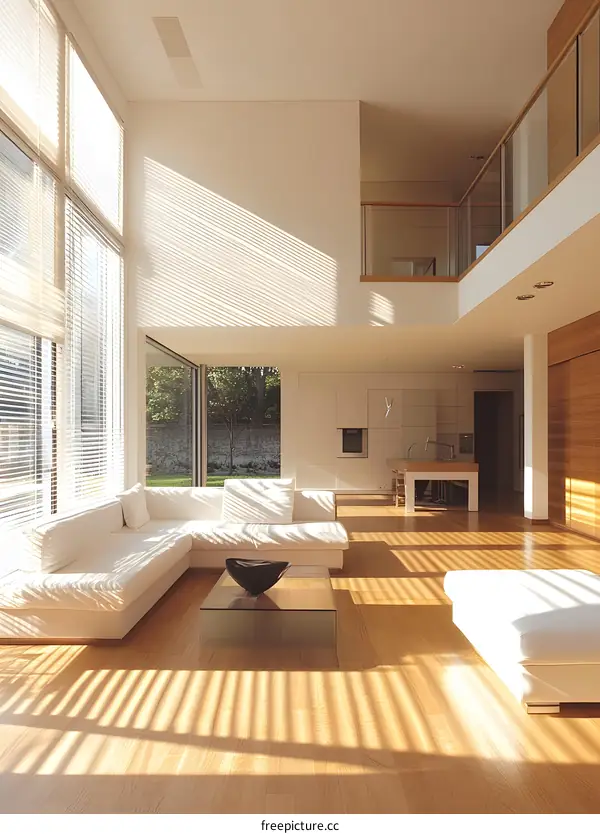 Modern Living Room Interior Design with Sunlight Streaming Through Windows