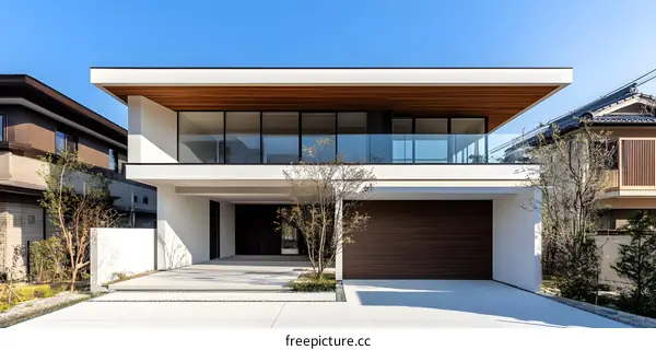 Modern White House with Wooden Accents and Glass Balcony