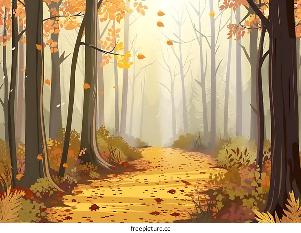 Autumn Forest Path Illustration With Fog And Fallen Leaves