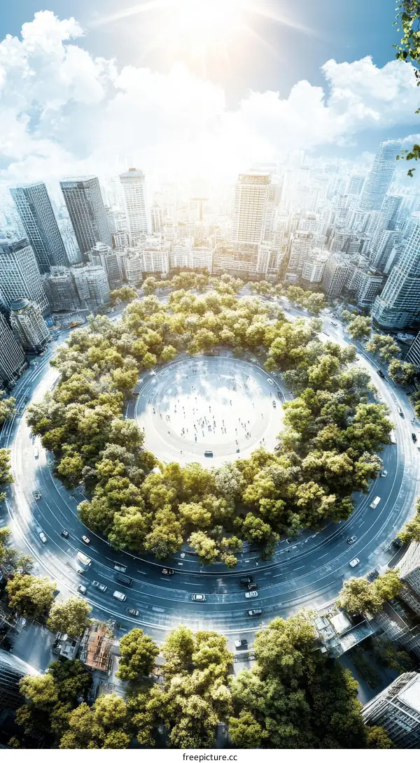 Urban Park in Circular Roadway Cityscape Illustration