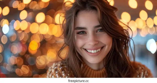 portrait of a beautiful young woman with brown hair and green eyes smiling in front of a blurry background of lights