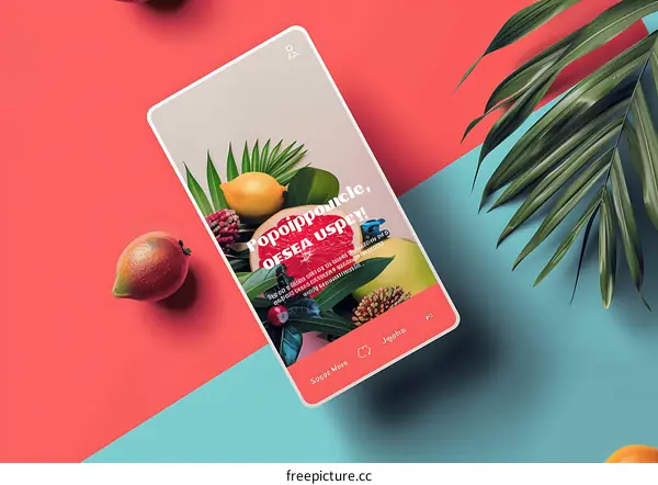 Colorful Fruit Smartphone Mockup with Palm Leaf