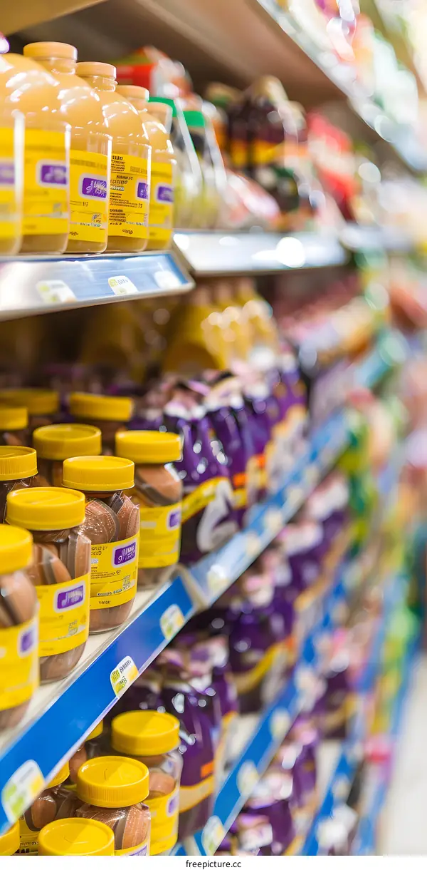 Grocery Store Aisle with Jars and Bottles of Various Products