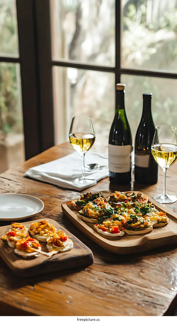Appetizers and Wine on Wooden Cutting Boards on a Rustic Table