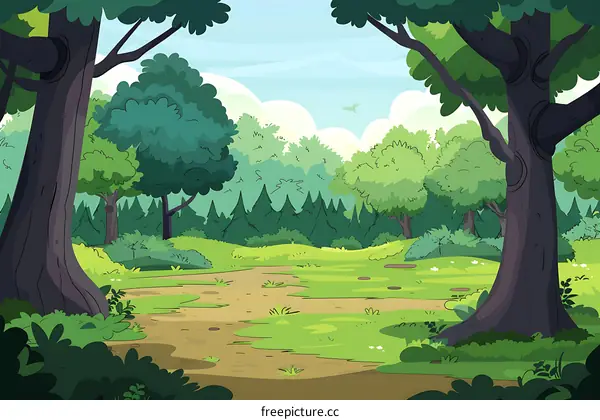 Cartoon Forest Landscape with Green Trees and Winding Path
