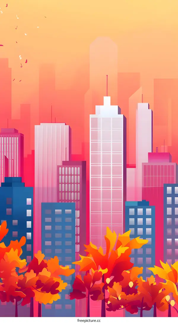 Autumn City Skyline with Red and Orange Leaves
