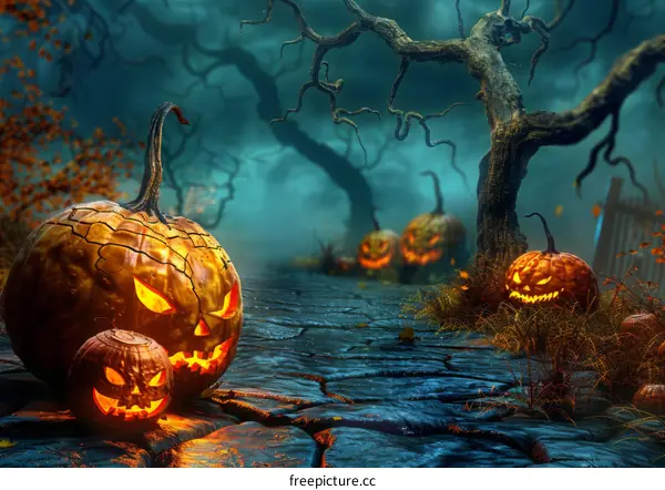 Spooky Halloween Pumpkins in a Dark Forest