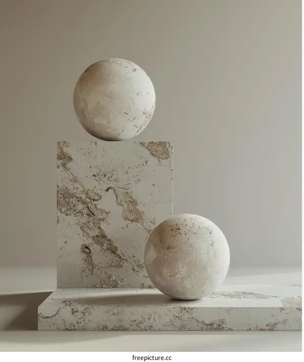 Two concrete spheres on a concrete pedestal against a beige background.
