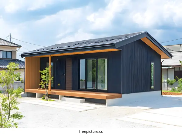 Modern Black and Wood House with a Porch