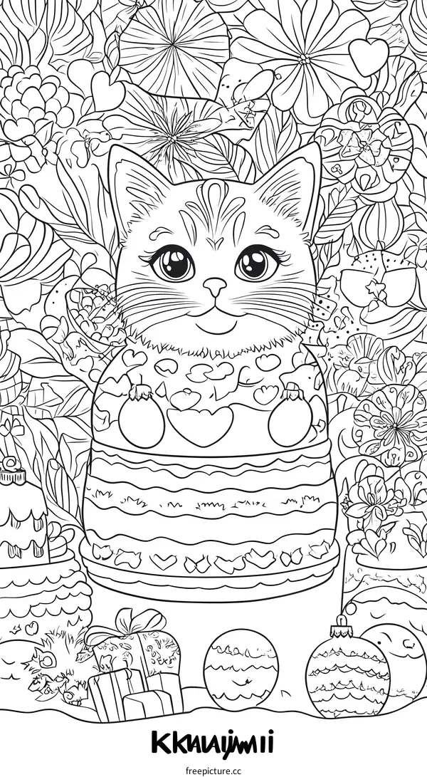 Cute Cat in Flowers Coloring Page