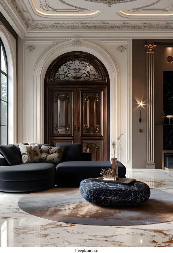 Luxurious interior design with an arched entryway, marble floors, a ceiling fresco, and a blue velvet sofa.
