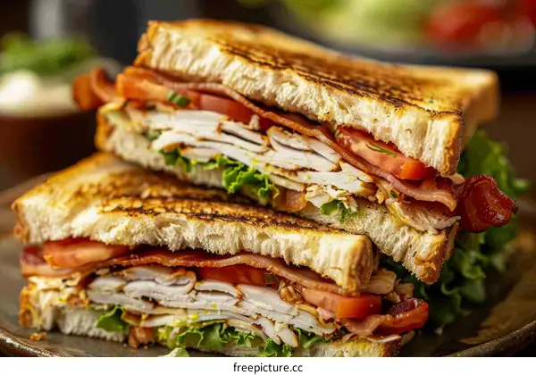 A delicious sandwich with bacon, turkey, tomato, and lettuce
