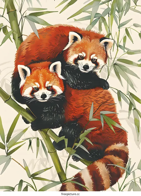 Two Red Pandas Sitting on a Bamboo Branch