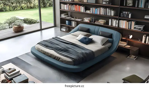 Modern Blue Leather Bed with Bookcase in a Luxurious Bedroom