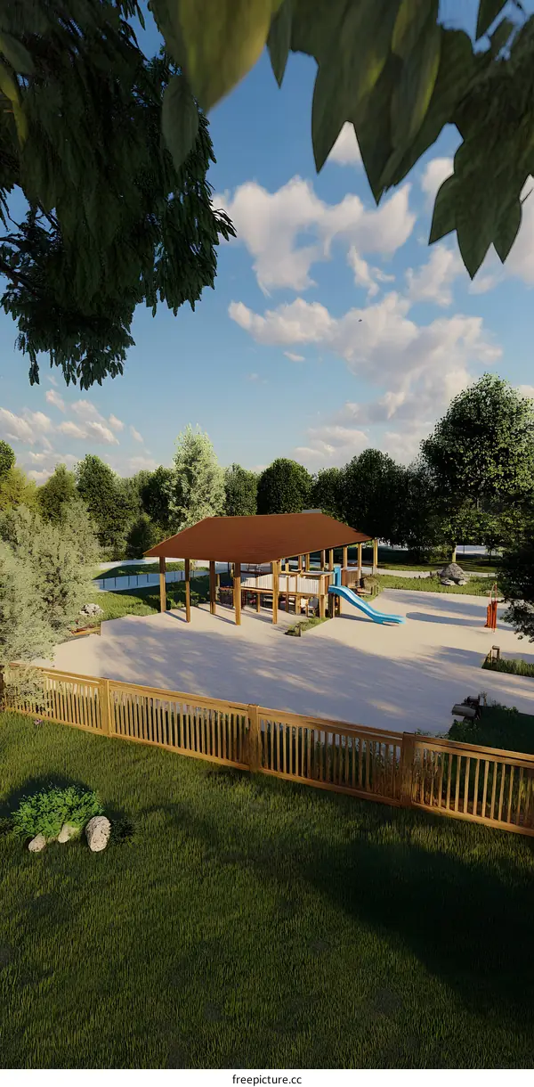 Wooden Playground Structure with Slide and Fence