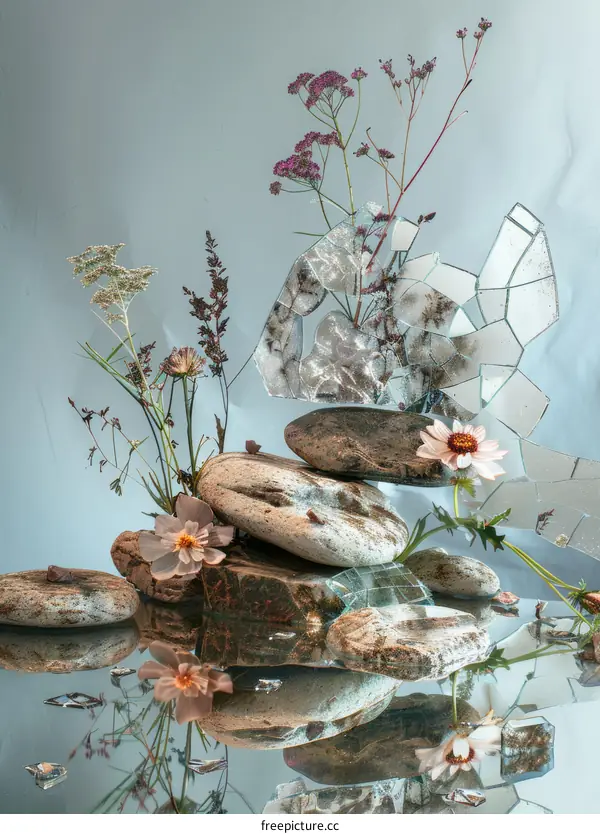 Still life with mirror shards and flowers