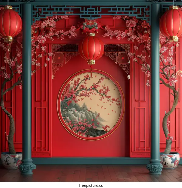 Chinese Style Red Wall with Round Window and Pink Blossoms