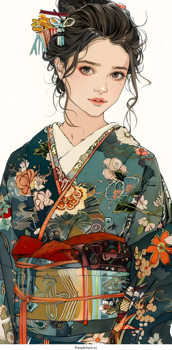 An illustration of a Japanese woman wearing a kimono with floral patterns.
