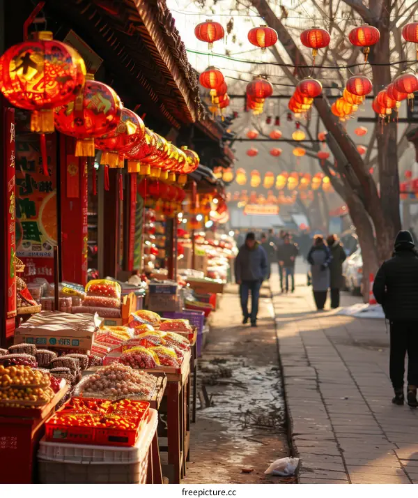 Hutong in Beijing with red lanterns and people walking