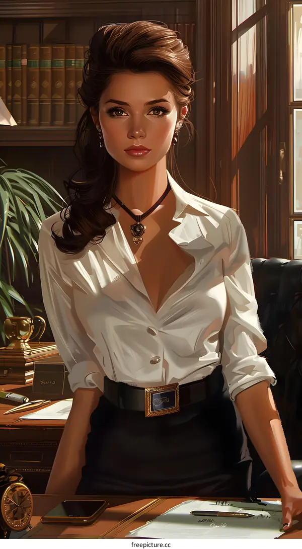 portrait of a beautiful woman in a white blouse and black skirt standing in a library