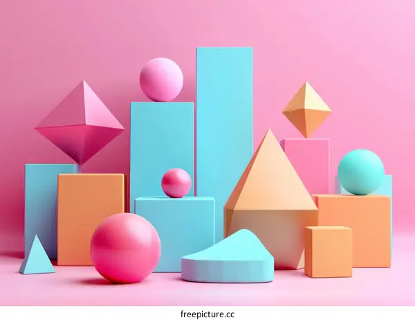 Colorful 3D geometric shapes on a pink background