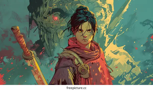 Young Woman Warrior Holding Katana Against Abstract Monster Background