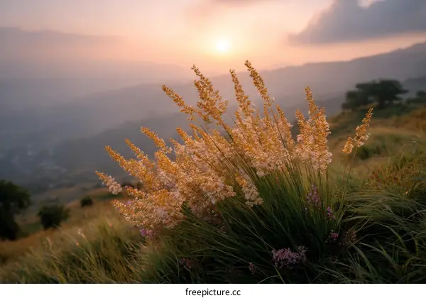 Golden Grass at Sunrise Over Misty Mountains