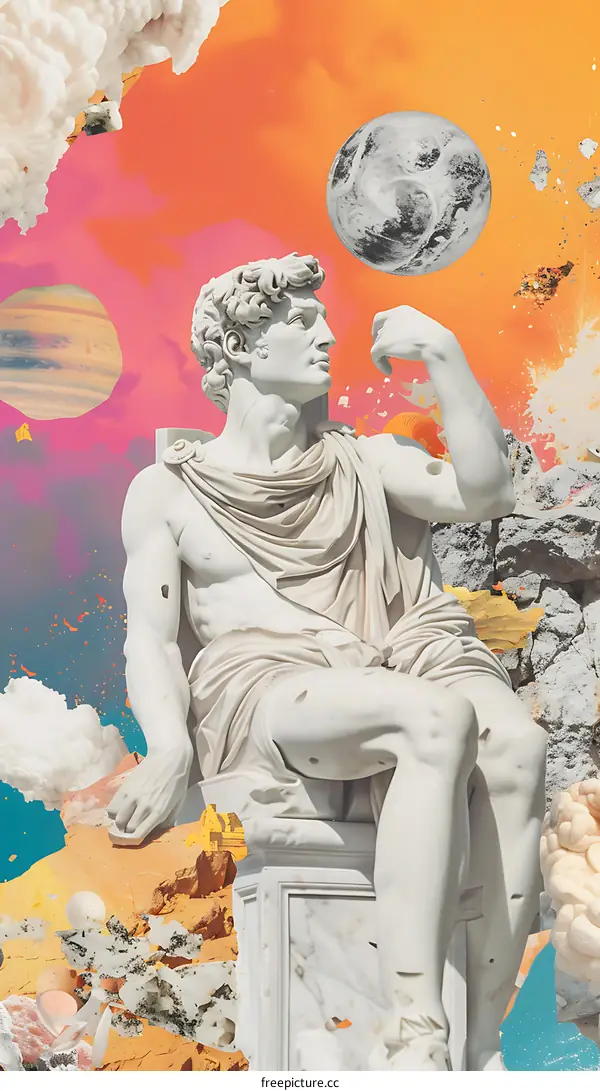Abstract Collage of a White Marble Statue with Planets and Stars