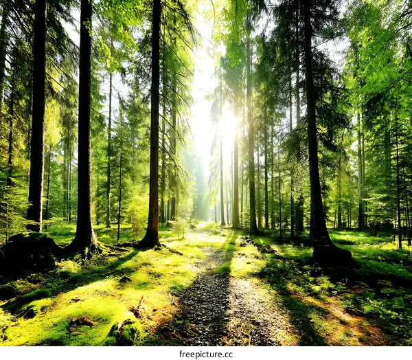 Sunlight Filtering Through Lush Forest Trees