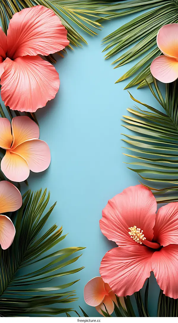 Tropical Flowers and Palm Leaves on Blue Background