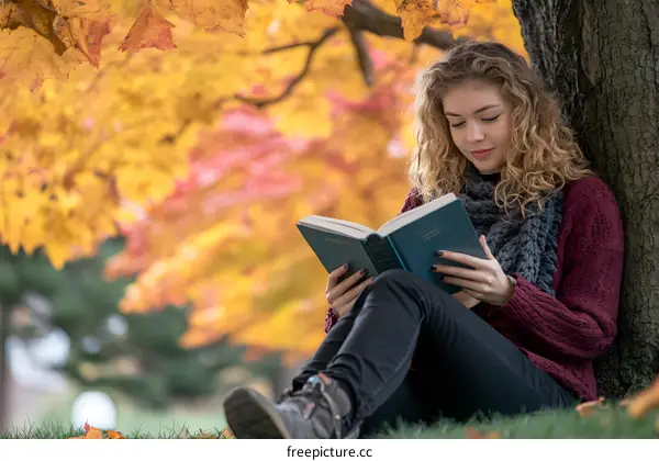 Woman Reading a Book in Autumn Leaves