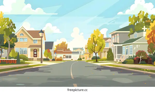 Suburban Street Houses Cartoon Illustration