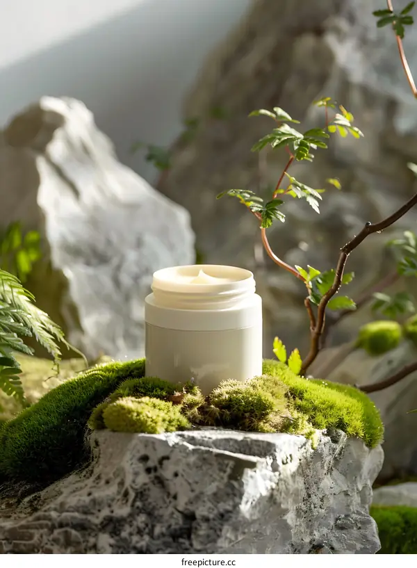 Natural Moisturizer Cream Jar On Moss Covered Rock
