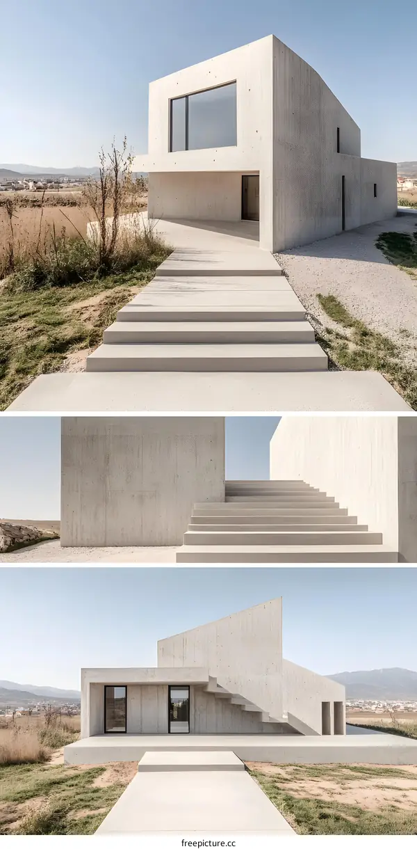 Modern Concrete House with Stairs and Landscape Views