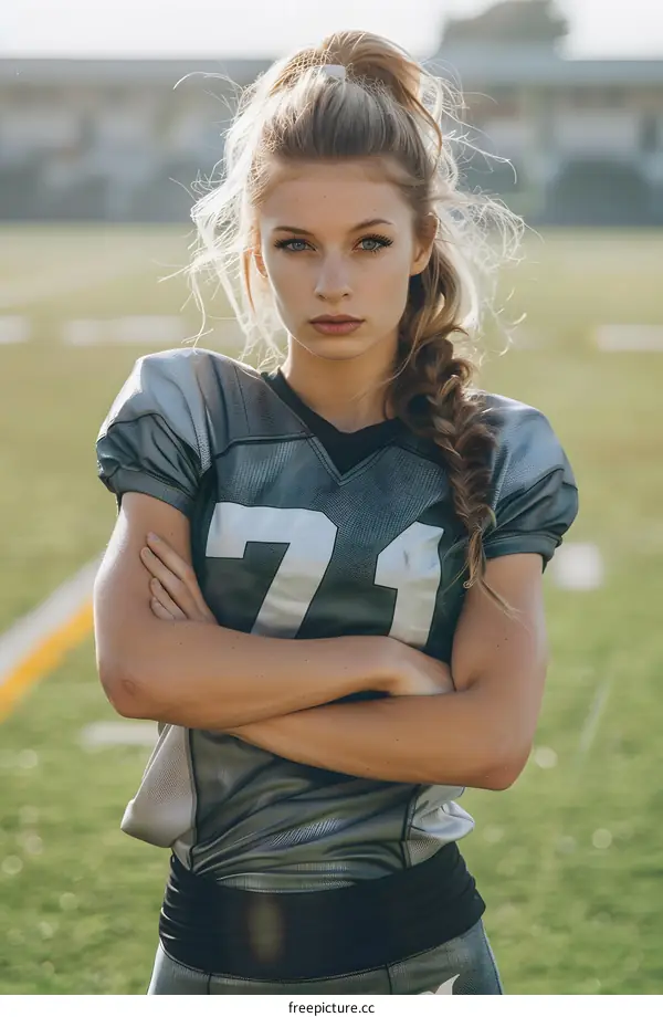 Female Athlete Wearing Football Uniform on a Field