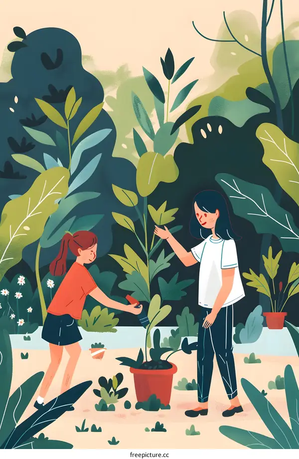 Two Girls Planting Trees in a Garden