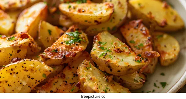 Close Up Of Garlic Herb Roasted Potato Wedges